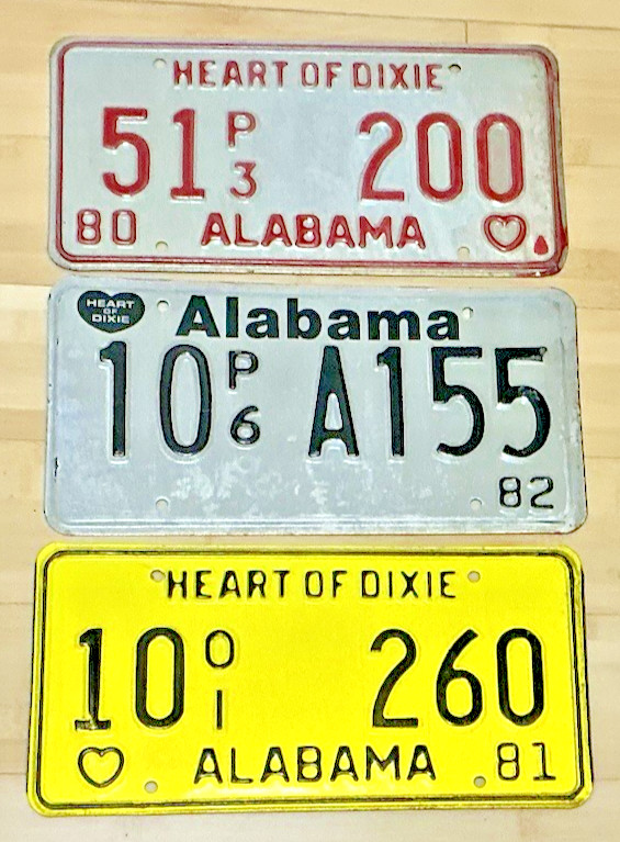 3 Collectable Alabama Lic. Plates 51P3-200, 10-01-260, 10P6-A155