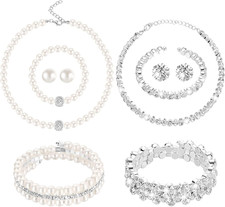 8 Pcs Pearl Rhinestone Jewelry Set for Women Faux Necklaces Earrings Bracelet Je