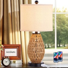 Touch Control Rattan Table Lamp, 3 Way Dimmable Bedside Lamp for Bedroom with...