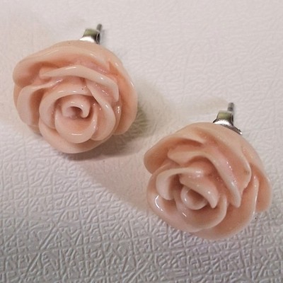Peach Coral Resin Rose Stud Earrings Floral Shabby Chic Boho Vintage