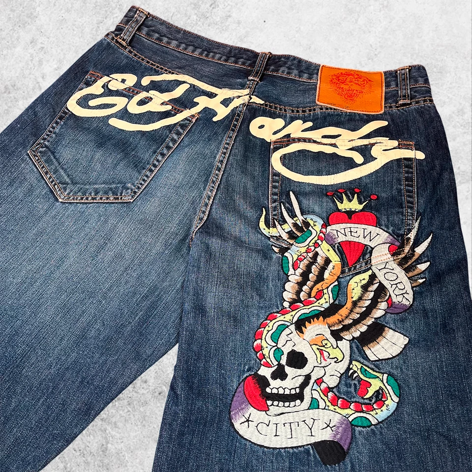 Ed Hardy Denim Shorts NYC Skull Snake Tattoo Embroidery Dark Wash Y2K Streetwear - Bild 3 von 4