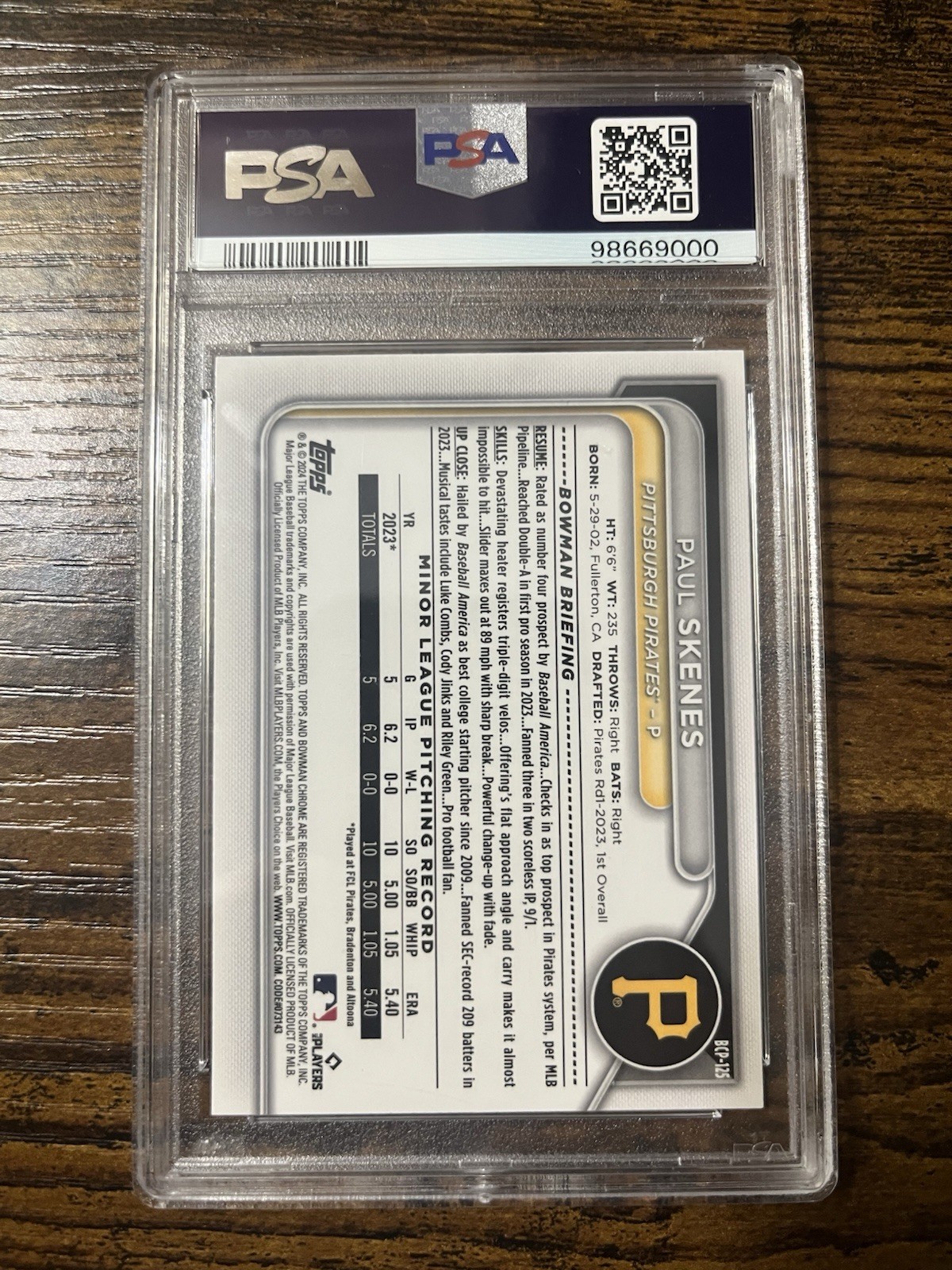 2024 Bowman Chrome Prospect Paul Skenes BCP-125 Lunar Glow Refractor (RC) PSA 10 view 2