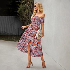 Boho Floral Maxi Dress Off Shoulder Summer Beach Party Long Sundress