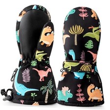 Kids Winter Mittens - Waterproof Long Cuff, Fleece, M 5-7Year Black