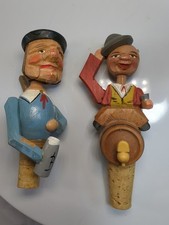 VTG German Bottle Stoppers Mechanical Carved Wood Puppet Cork Wine X2 Hand paint