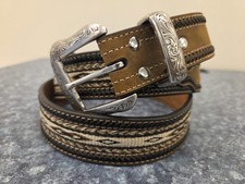 NOCONA Leather Belt Southwest Lace SZ 46 Brown Silver Engraved Buckle N2487644