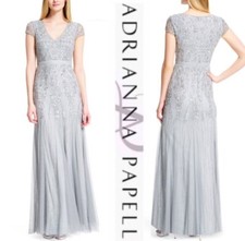 ADRIANNA PAPELL Silver Gray Embellished Sequin Beaded V-Neck Maxi Gown Dress 10