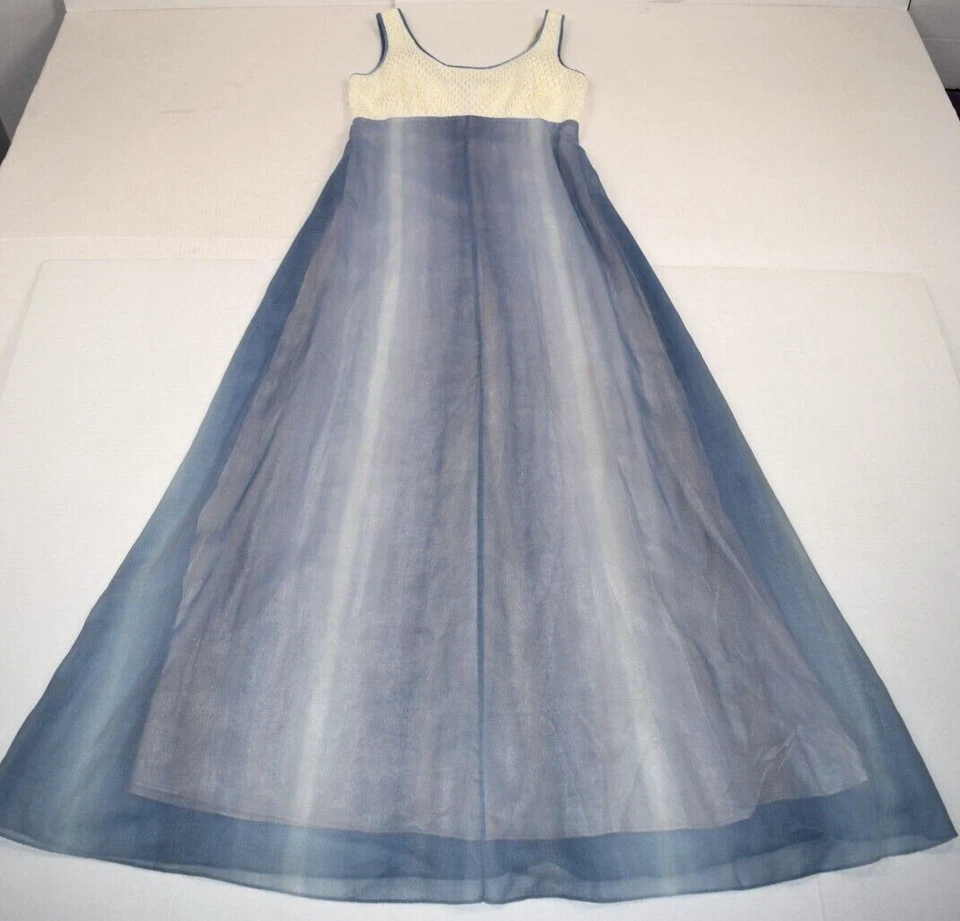 Vintage Maxi Dress Size S/M 60s Blue Ombre Ivory Net Lace Bodice Empire Waist - Image 2 of 4