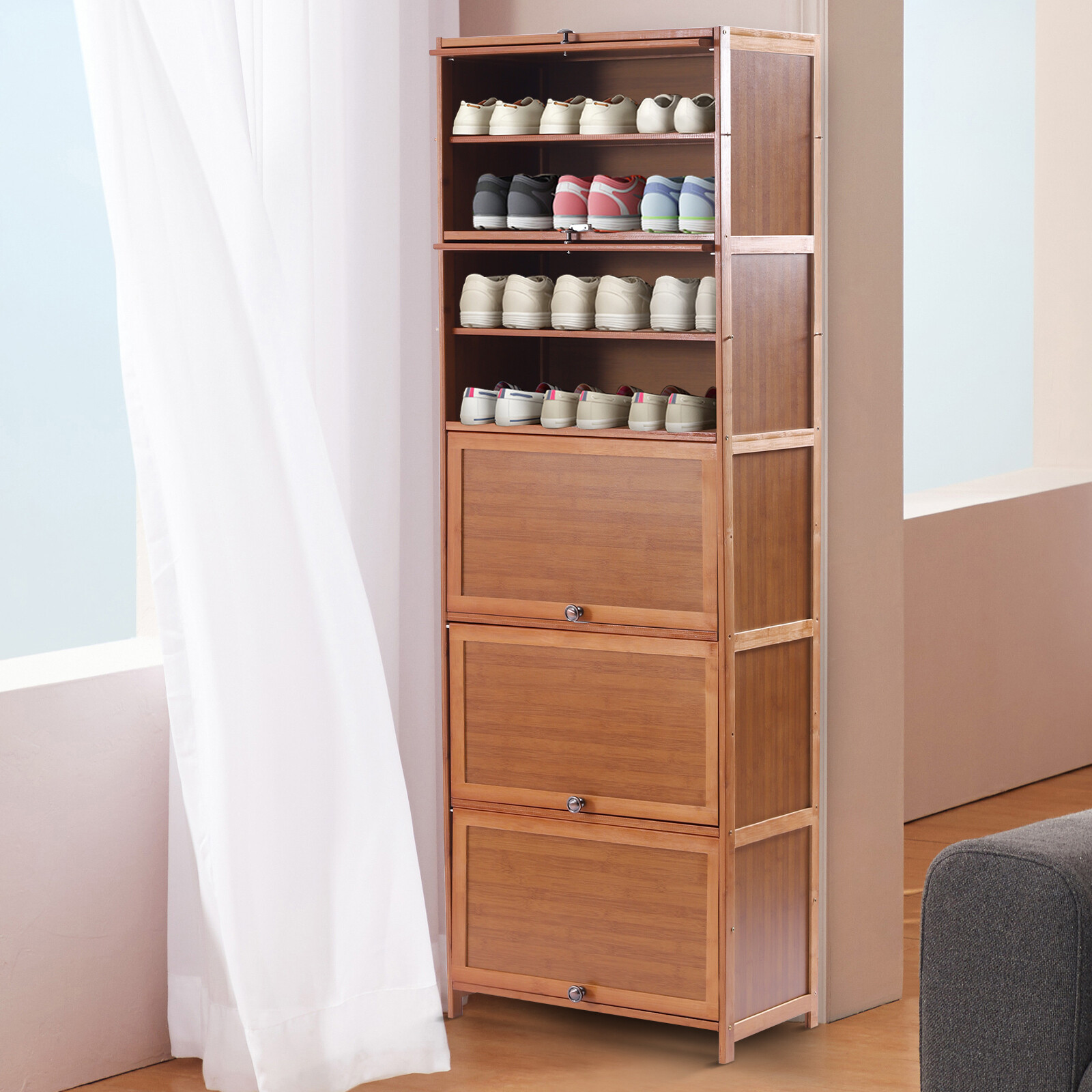 10-Tier Shoe Rack Bookshelf with Sliding Cabinet Doors