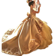 Kid Girl Evening Ball Gown Applique Bow Pageant Dress Satin Tulle Flower Dress
