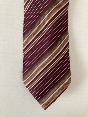 C. Comberti Men's Necktie Tie Silk Maroon Brown Tan White Stripe