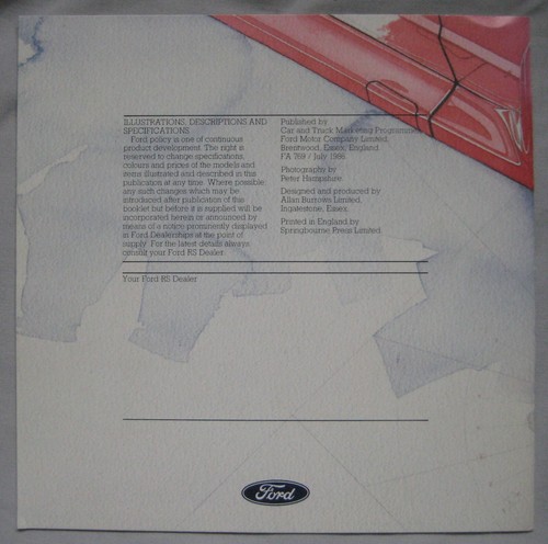 1986 Ford Escort RS Turbo Brochure Pub.No. FA 769 - Picture 2 of 2