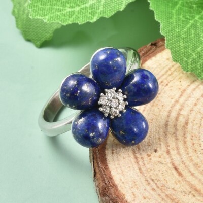 TJC Floral Ring Lapis Lazuli and White Austrian Crystal Ring Size O 7.400ct