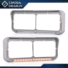 Chrome Headlight Bezels Fit For Kenwroth T600 T800 W900 Amber Light w/ LED Bar