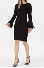 CALVIN KLEIN CHIFFON BELL SLEEVE SHEATH DRESS, BLACK, SIZE 10 NEW