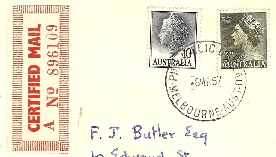 Australia 1957 QEII Queen Elizabeth 10d azul HERMES FDC cubierta de correo certificado Foto 2 de 2