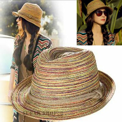 Ladies Women Summer Sun Beach Floppy Derby Hat Wide Brim Straw Ribbon