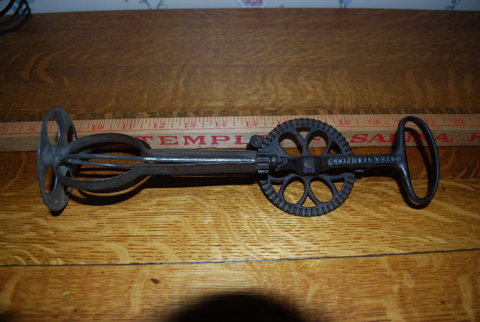 ANTIQUE 10 1/2" CAST IRON EGG BEATER DOVER ON A TIN STAND VG CONDITION