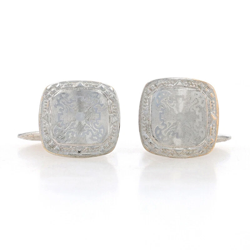 Belais Art Deco Etched Square Cufflinks White Gold 14k Silver