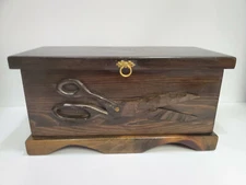 Vintage Wooden Sewing Storage Box Carved Sissors on Front Image on Lid