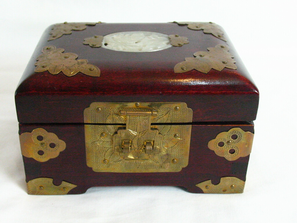 Chinese Wooden Treasure Chest Jewelry Box Brass Accents & and jade or