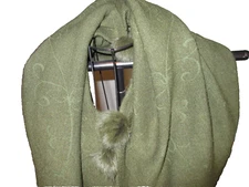 Cozy Sweater Wrap Green With   Embossed Design & Fur Balls Trim 72in × 36in 