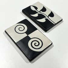 Pair of Joann Aquinto Pewabic Detroit Studio Art Pottery Wall Tiles B&W Spiral