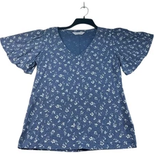 Lauren Conrad Blouse Womens Size Medium Blue White Floral Short Sleeve Vneck