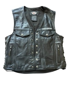 Harley-Davidson Men’s Black Genuine Leather Motorcycle Vest Size L Lace-Up EUC!