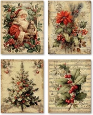 Hxlac Vintage Winter Christmas Wall Art Prints Set of 4 UNFRAMED - Retro... 