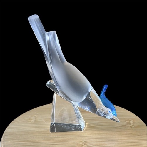Lalique France Blue Crested Bird Figurine Collectible Signed Base Clear 