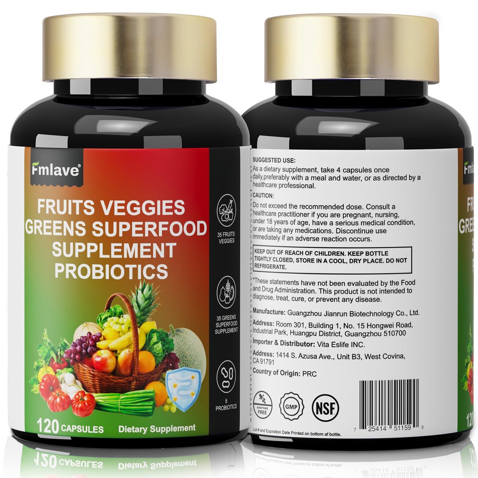 2 pack Fruits & Veggies Supplement 70 Fruits/Veggies Enzymes Probiotics 240 caps