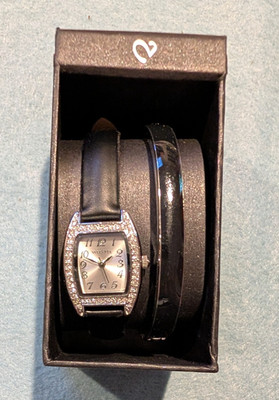 Burgi Women's Quartz Dress Watch Tonneau Black Leather Strap Silver Dial Boxed
