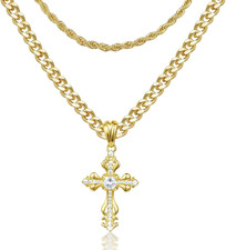 Layered Cross Necklace for Women, 14K Gold Plated Cubic Zirconia Pendant Necklac
