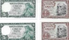 4 Billetes de España, 1 y 5 pesetas, nuevos sin circular, con las series correla