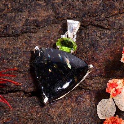 Golden Nuummite Peridot Pendants 925 Sterling Silver Handmade Statement  Jewelry