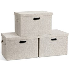 Large Quart Collapsible Stackable Storage Bins with Lids, 3 Packs Beige Linen