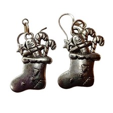 Christmas Stocking Earrings Silver Candy Cane Vintage Hook Drop Dangle