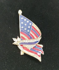 Furled American Flag Enamel & Rhinestone Brooch 2.75" Long