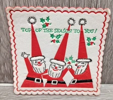 1960's Paper Cocktail Coaster 3.25" Square Wax Paper Bottom 3 Santa's Cheer Xmas