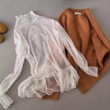 Top Blusa Peplum In Pizzo A Pois Per Donna Base T-Shirt Trasparente Retro Carina