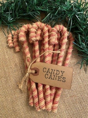 12 Primitive 6" STRIPED HOMESPUN Fabric Candy Canes Christmas Ornaments - Picture 1 of 6