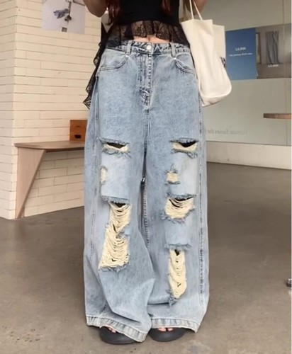 Womens Light Blue Denim Jeans Straight Wide Loose Fit Ripped Pants Punk Trousers