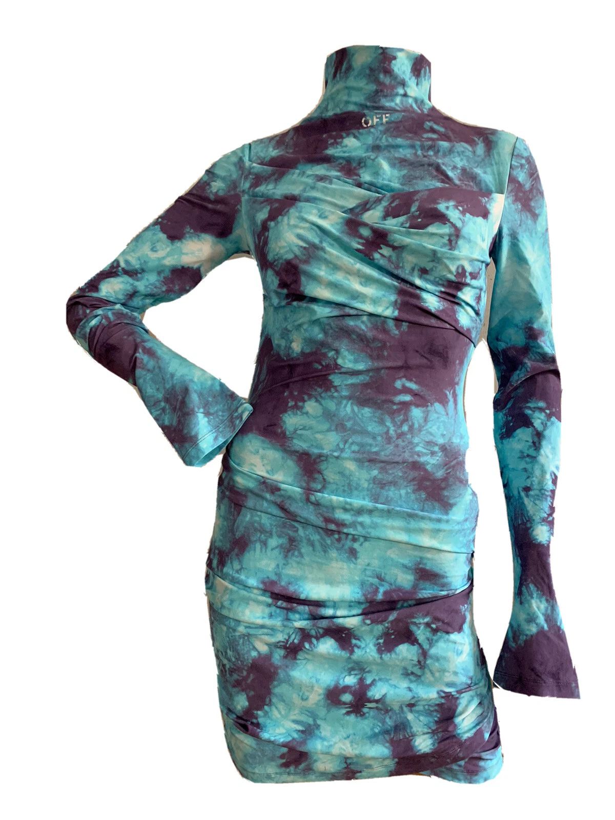 OFF WHITE Mini abito da festa blu cravatta tintura bianco sporco UK 14 IT 46 US 10 XL NUOVO CON ETICHETTE £810