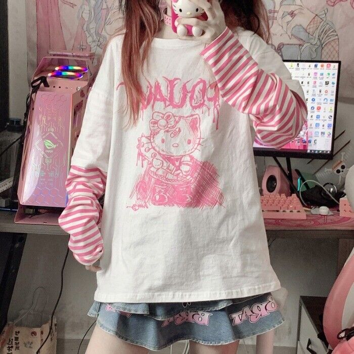 Lady T-shirt Tops Pullover Shirt Girl Japanese Sweatshirt Top Kawaii Cute  Loose