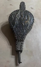 Antique Large FIREPLACE BELLOWS Repousse Characters Scene Leather Wood Brass