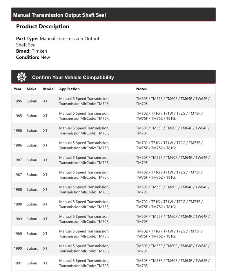 For 1985-1991 Subaru XT Manual Transmission Output Shaft Seal Timken 1986 1987 - Image 2 of 4
