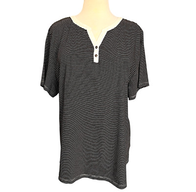 Faded Glory Henley Shirt Sz 3X Black w Thin White Stripes & Trim 2 Buttons SS
