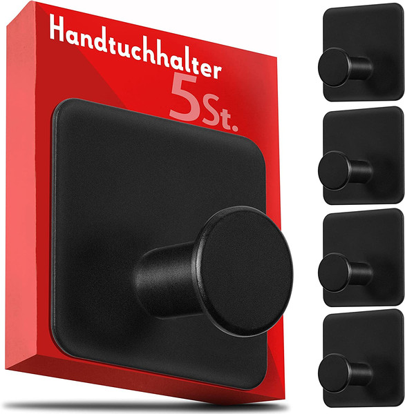 4Smile Handtuchhalter Ohne Bohren – 5 StüCk Schwarze Haken Selbstklebend Mit 3M--image