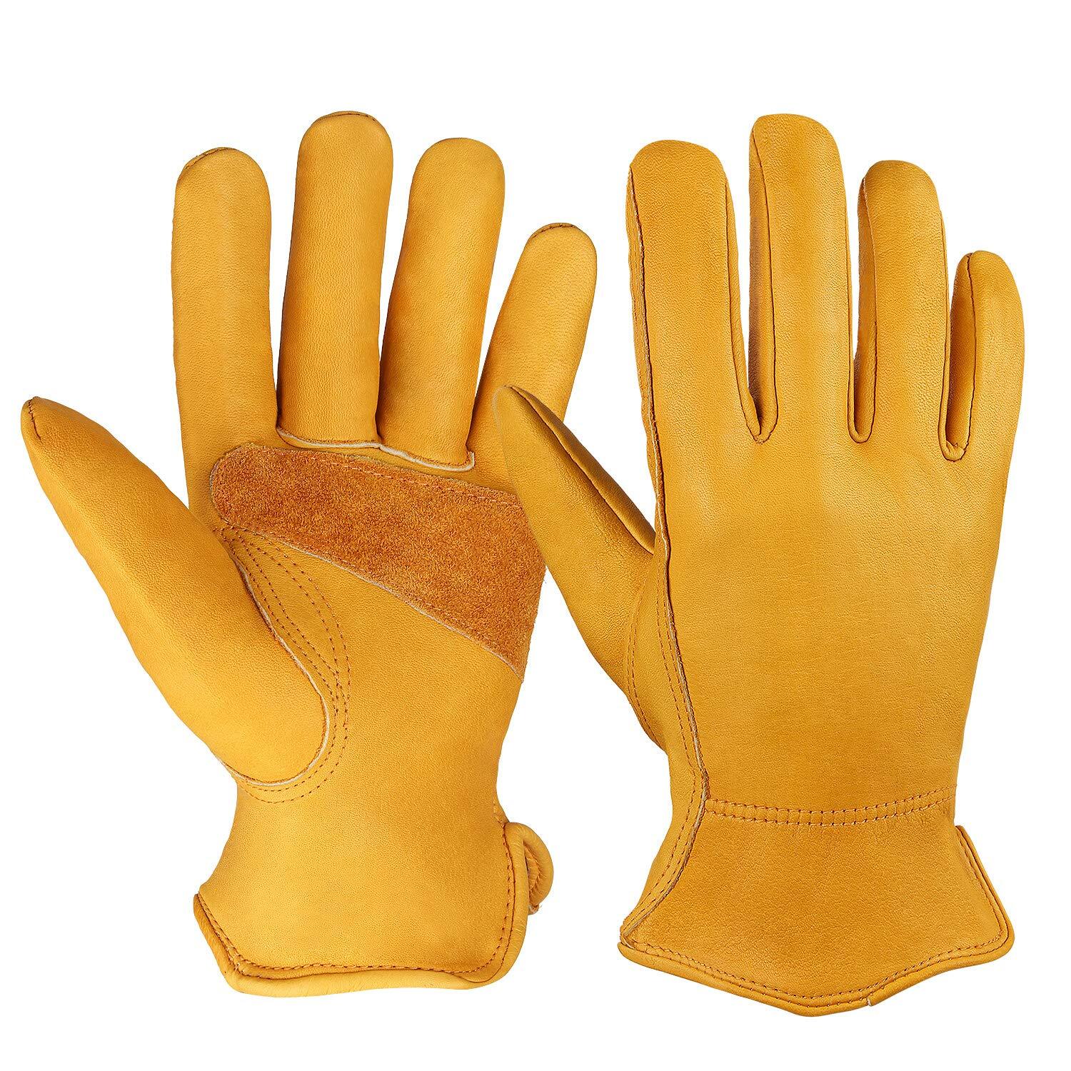 OZERO Flex Grip Leather Work Gloves with Stretch Wrist Durable Cowhide for Tough Jobs